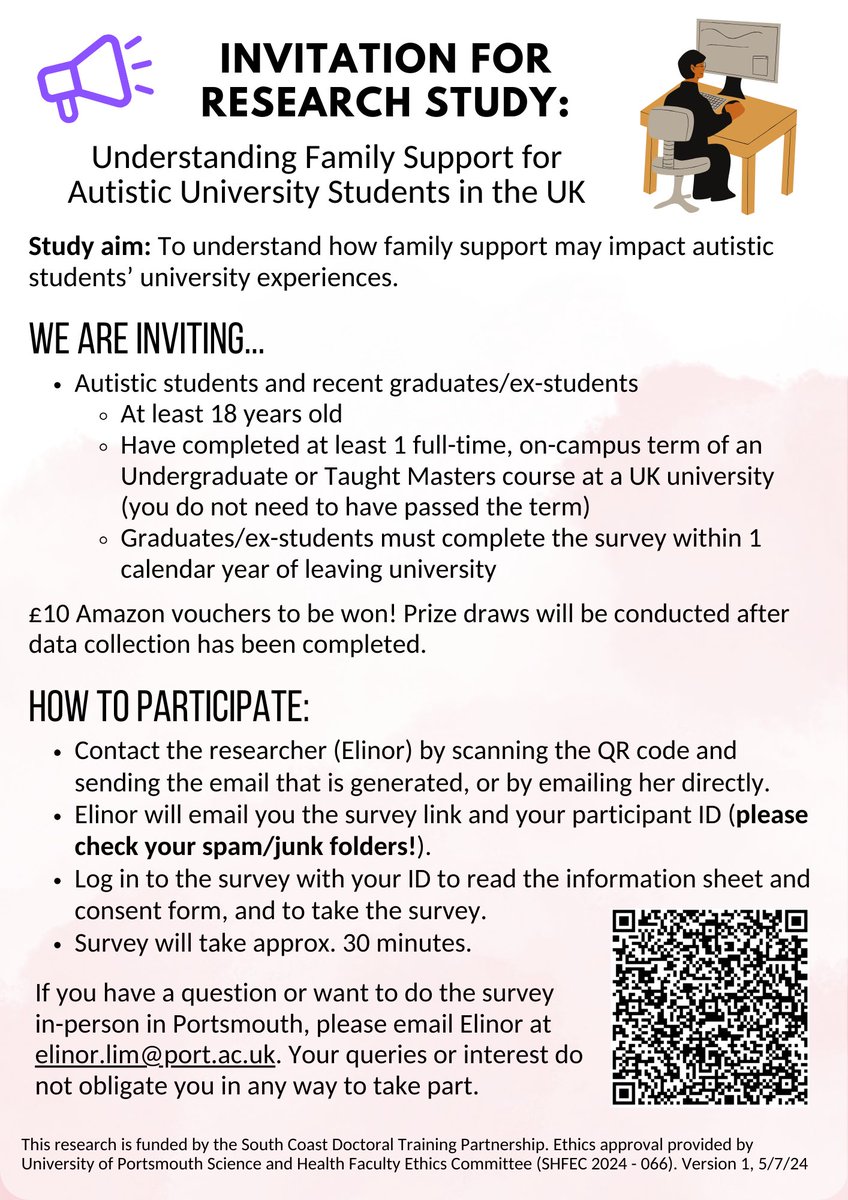 OvcharenkoAnya's tweet image. Calling all autistic students &amp;amp; recent graduates!

Participate in a study on family support for autistic university students in the UK. 

🔹 Open to those 18+
🔹 Chance to win £10 Amazon vouchers!
🔹 Survey takes ~30 mins
Find out here 👇
#AutismResearch #FamilySupport #PhDStudy