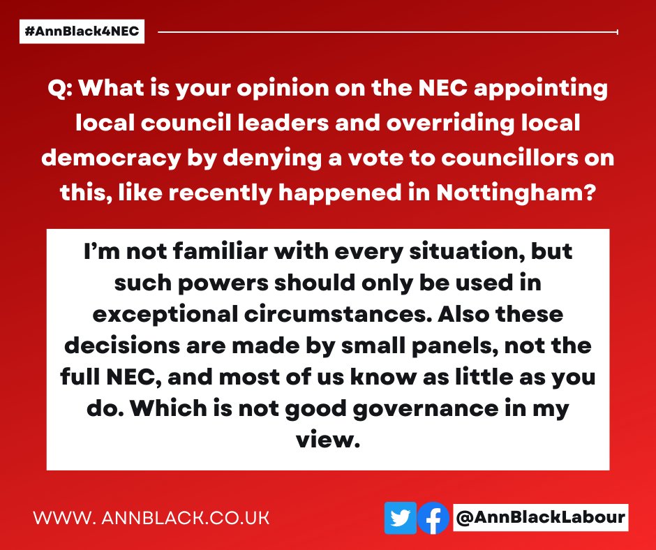 AnnBlackLabour's tweet photo. Q: What is your opinion on the NEC appointing local council leaders and overriding local democracy by denying a vote to councillors on this, like recently happened in Nottingham?

#AskAnn https://t.co/b8UzNhbkGS