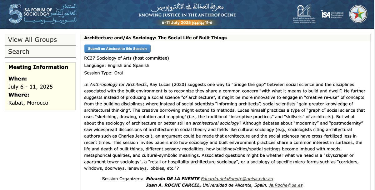📢 Envía tu propuesta para la sesión “Architecture and/As Sociology: The Social Life of Built Things” en el próximo congreso de <a href="/isa_sociology/">ISA</a>
🔎Se explorará la #SociologíaArquitectónica, un cruce donde la sociología y la arquitectura se entrelazan
Info: isaconf.confex.com/isaconf/forum2…
