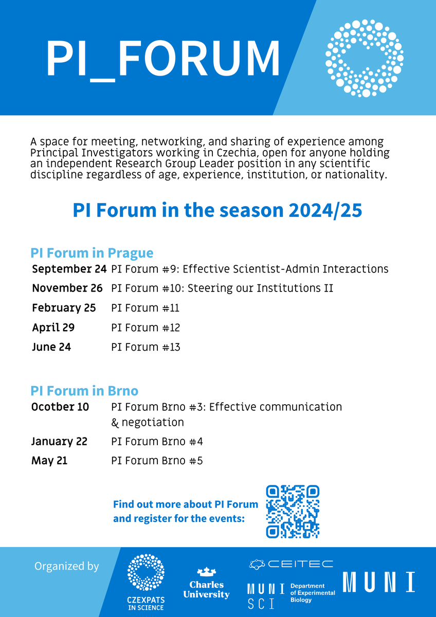 czexpats's tweet photo. 🚨 The new season of #PI_Forum is kicking off soon! 🚨
Are you an independent principal investigator in Czechia? Join us for exciting upcoming events:
⭐ PI Forum #9 (Sept 24, Prague): Effective Scientist-Admin Interactions
⭐ PI Forum Brno #3 (Oct 8): Effective Communication & Negotiation
⭐ PI Forum #10 (Nov 26, Prague): Steering our Institutions II
👉 Learn more & register: https://t.co/eanDFiF17H
📅 And save the dates for the rest of 2024/25 PI Fora!