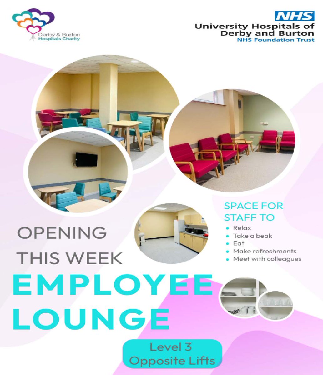 Employee Lounge at FNCH is to open this week.  Located in the former LoF Cafe on Level 3. 
Thank you to Derby &amp; Burton Hospitals Charity for your support in funding this project.  A place for FNCH colleagues to meet, relax &amp; take a break #FNCH <a href="/UHDBTrust/">University Hospitals of Derby and Burton NHS FT</a> <a href="/hospitalcharity/">Derby & Burton Hospitals Charity 💙</a>