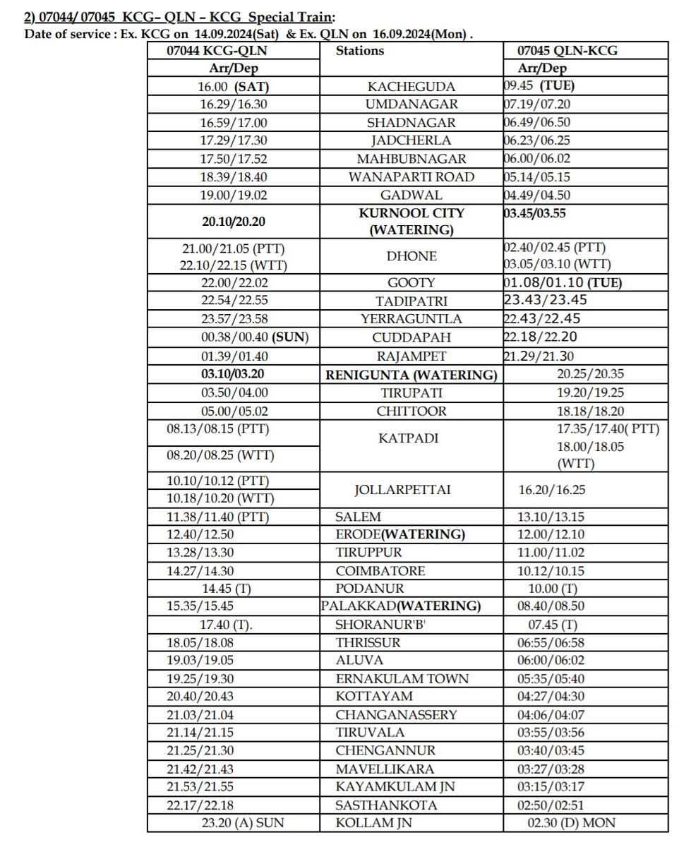 In order to clear the extra rush during Onam festival, arrange in the following special trains,with the timings, stoppages and on the dates as detailed below:

#Onam2024 #SpecialTrains