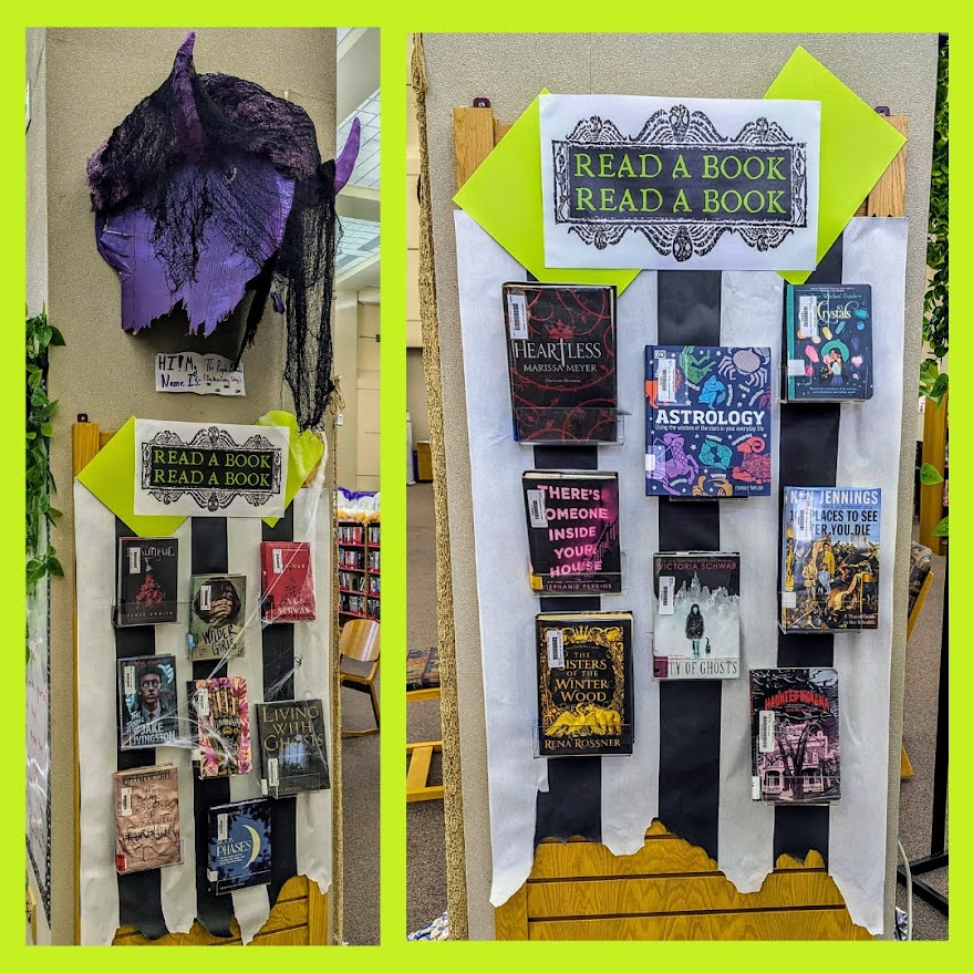 Say "READ A BOOK!" 3x and summon a librarian
<a href="/ChestertonHS/">Chesterton High</a> 
All spooky books are available for check out
#readabook 
#BeetlejuiceBeetlejuiceBeetlejuice 
#WhatWouldLydiaDeetzRead