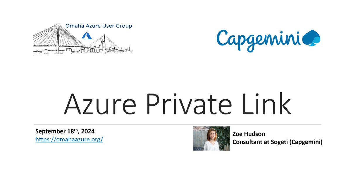 Our next meeting will be on Sept 18 at 6 PM CT. Zoe Hudson will be our guest speaker and discuss Azure Private Link. <a href="/sogeti/">Sogeti</a>/<a href="/Capgemini/">Capgemini</a>  will sponsor the meeting. For details, visit omahaazure.org/omaha-azure-us….
We look forward to seeing you there! 
 #OmahaAzure #Microsoft #UserGroup
