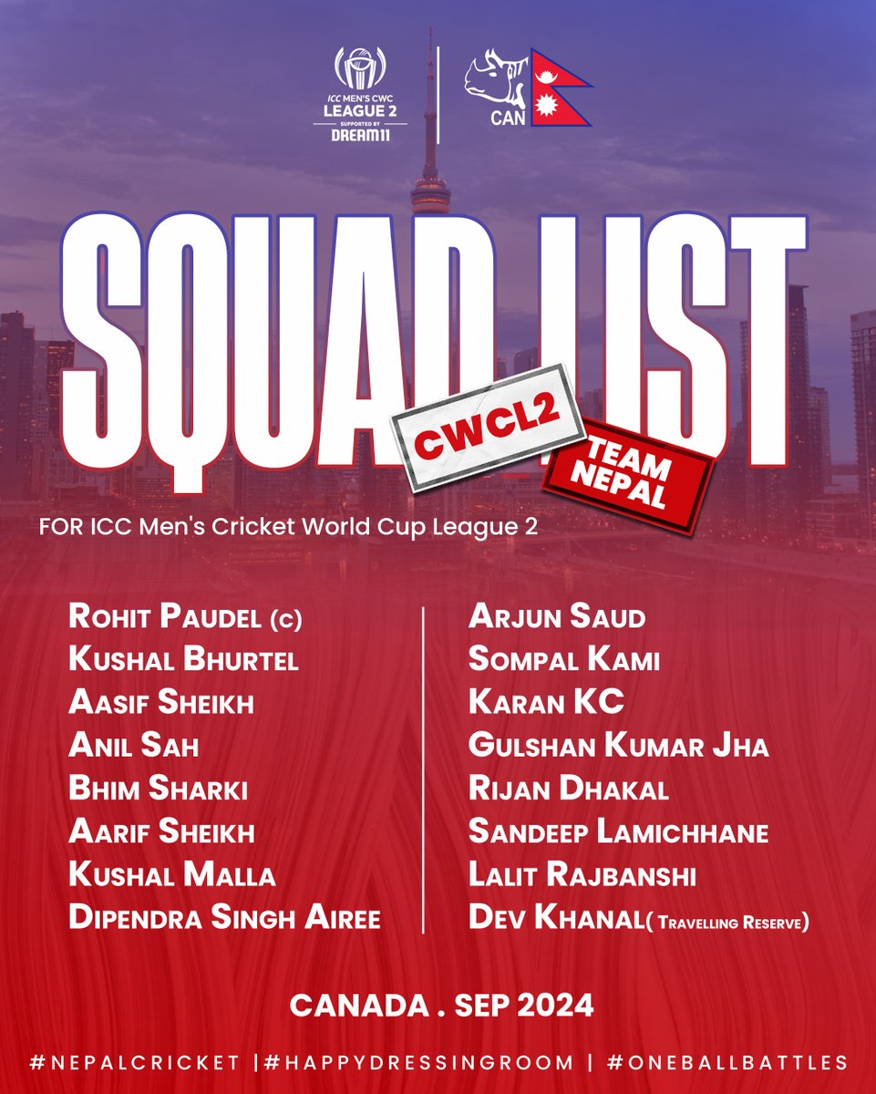 🚨 Team Nepal Squad Alert for ICC Men's #CWCL2! 🇳🇵🔥

#NepalCricket |  #OneBallBattles