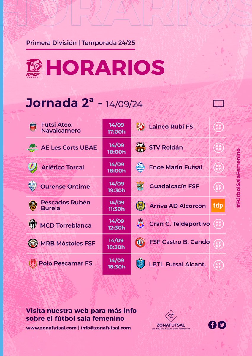 ZonaFutsal (@infozonafutsal) on Twitter photo 🟣2ª Jornada - Temporada 2024/2025 - Horarios* - 1ª División <a href="/iberdrola/">Iberdrola</a> Fútbol Sala Femenino.
✔️Vuelve <a href="/teledeporte/">Teledeporte</a> con un <a href="/burelafs/">CD Burela FS</a> - @adalcorconfsf.
✔️Interesante: Poio - LBTL en A Seca.
✔️Móstoles - Castro en el Eva Manguan.
✔️Futsi recibe a Rubí.
#FútbolSalaFemenino
👇 🟣2ª Jornada - Temporada 2024/2025 - Horarios* - 1ª División <a href="/iberdrola/">Iberdrola</a> Fútbol Sala Femenino.
✔️Vuelve <a href="/teledeporte/">Teledeporte</a> con un <a href="/burelafs/">CD Burela FS</a> - @adalcorconfsf.
✔️Interesante: Poio - LBTL en A Seca.
✔️Móstoles - Castro en el Eva Manguan.
✔️Futsi recibe a Rubí.
#FútbolSalaFemenino
👇