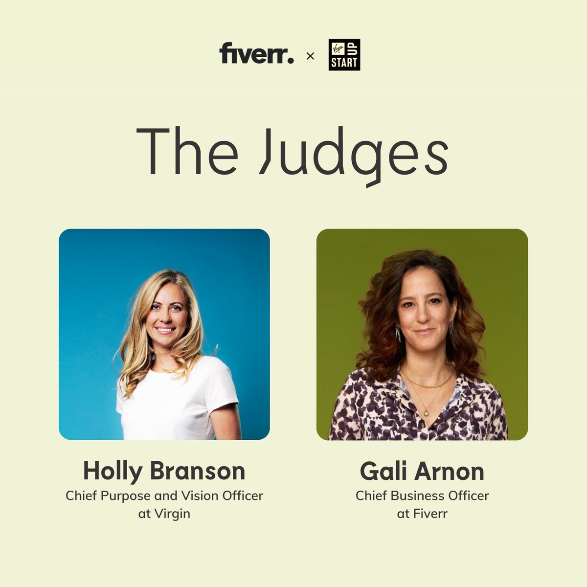 JUST IN 🚨Introducing our judges and mentors👇

⭐️<a href="/HollyBranson/">Holly Branson</a> will be joining <a href="/fiverr/">Fiverr</a>'s Chief Business Officer, Gali Arnon, as a judge for the final of the Virgin StartUp and Fiverr Female Founders Competition.

Want to be one of our final 4?