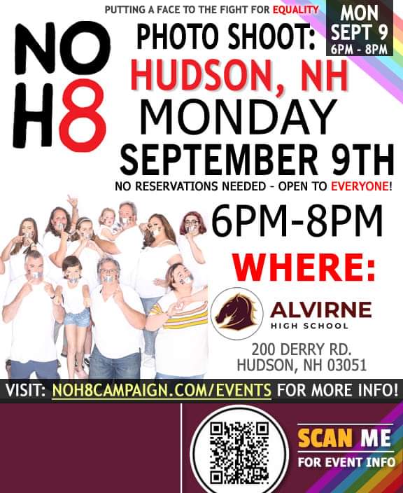 NOH8Campaign's tweet photo. Spread the word! 📣 #NOH8 photo shoot TODAY (9/9) in #Hudson, NH: https://t.co/MWDTEh1pQP https://t.co/Ro3DyYU98F