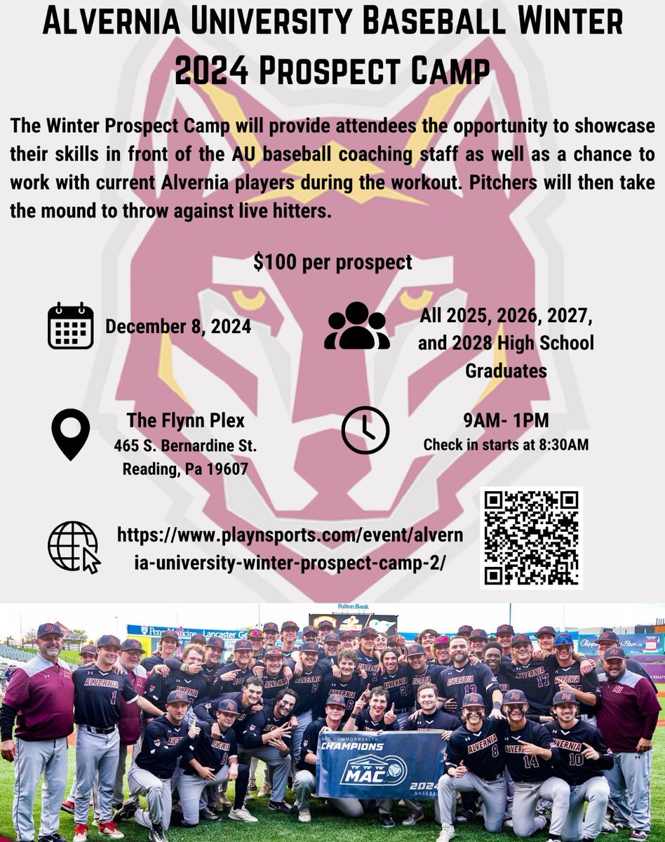 🚨🚨Upcoming <a href="/VernBaseball/">Alvernia Baseball</a> 
Prospect Camp‼️‼️

When? 10/14/24 or 12/8/24

Where?  Alvernia Univ.

Many current Golden Wolves have been recruiting and committed to the program. 

Are you next?

Interested? 10/14/24: playnsports.com/event/alvernia…

12/8/24: playnsports.com/event/alvernia…
