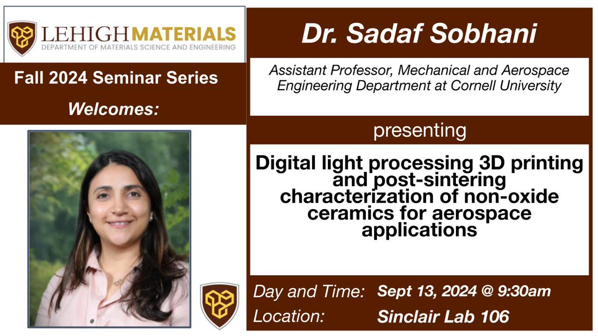 The MSE Dept. will host Dr. Sadaf Sobhani from Cornell University for a seminar this Friday, 9/13 at 9:30am in Sinclair Lab 106. This event is open to the public, so feel free to join us on Friday morning!