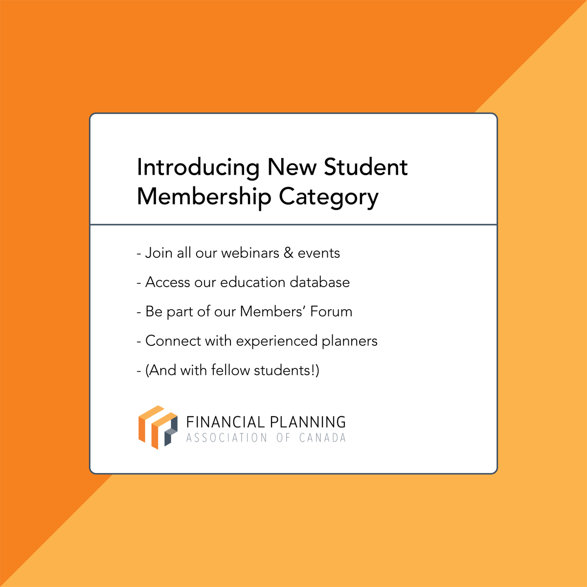 At FPAC, community is our competitive advantage. 

So we’re introducing something new to open our doors even wider.

From studying for your CFP or your degree, to starting your career as a #financialplanner, there is a huge transition.

It can come with a ton of questions and