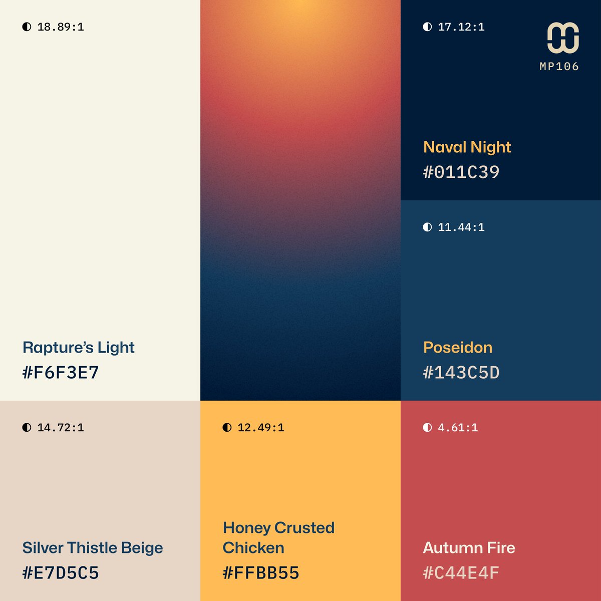 AlexCristache's tweet photo. 🆕 New color palette – #MindfulPalettes № 106 contrasts warm hues with deep navy blues in a cozy autumnal setting. It's a perfect fit for #branding projects, particularly with a rustic-theme.

And check out that stunning #gradient!

❤️ Hit the "Like" button for a colorful day!