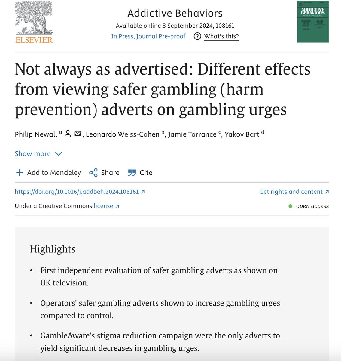 Jamie Torrance 🏴 (@jay__torrance) on Twitter photo Check out our (<a href="/pnewall/">Philip Newall</a>, Leonardo Weiss-Cohen, & <a href="/yakovbart/">Yakov Bart</a>) pre-proof in Addictive Behaviors.
It's the first to evaluate a range of UK 'safer gambling' adverts, and begs the question: "is industry self-regulation of gambling advertising effective?"
sciencedirect.com/science/articl… Check out our (<a href="/pnewall/">Philip Newall</a>, Leonardo Weiss-Cohen, & <a href="/yakovbart/">Yakov Bart</a>) pre-proof in Addictive Behaviors.
It's the first to evaluate a range of UK 'safer gambling' adverts, and begs the question: "is industry self-regulation of gambling advertising effective?"
sciencedirect.com/science/articl…