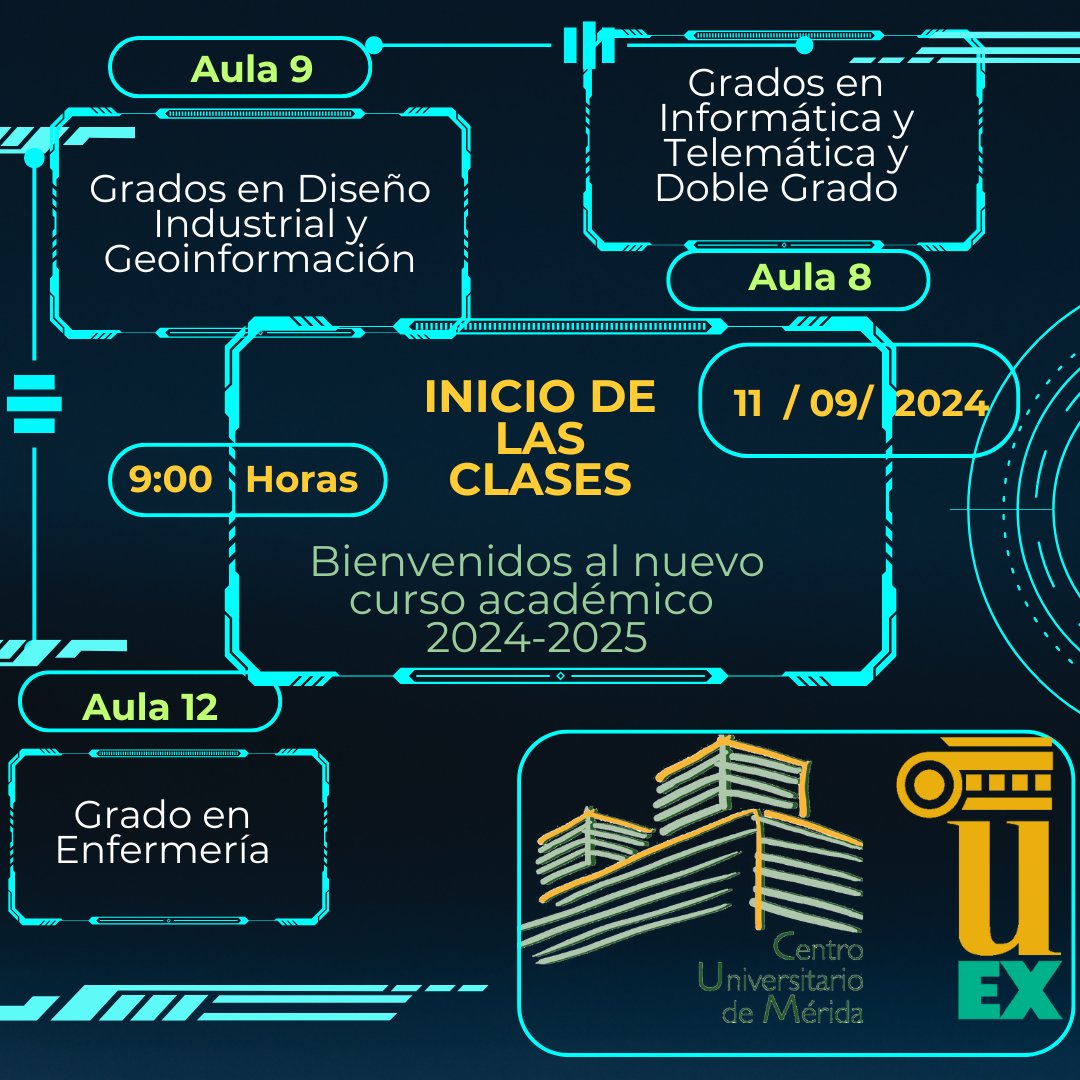 🎓✨ ¡Comenzamos el curso 2024-2025! ✨🎓

🗓️ Inicio de las clases: 11 de septiembre de 2024 
🕘 Hora: 9:00 AM 
🏢 Lugar: Edificio Aulario "Antonio Castillo"

Os esperamos el próximo miércoles 👩‍🎓👨‍🎓
#Teleco #Informática #DiseñoIndustrial #Geoinformación #Enfermería