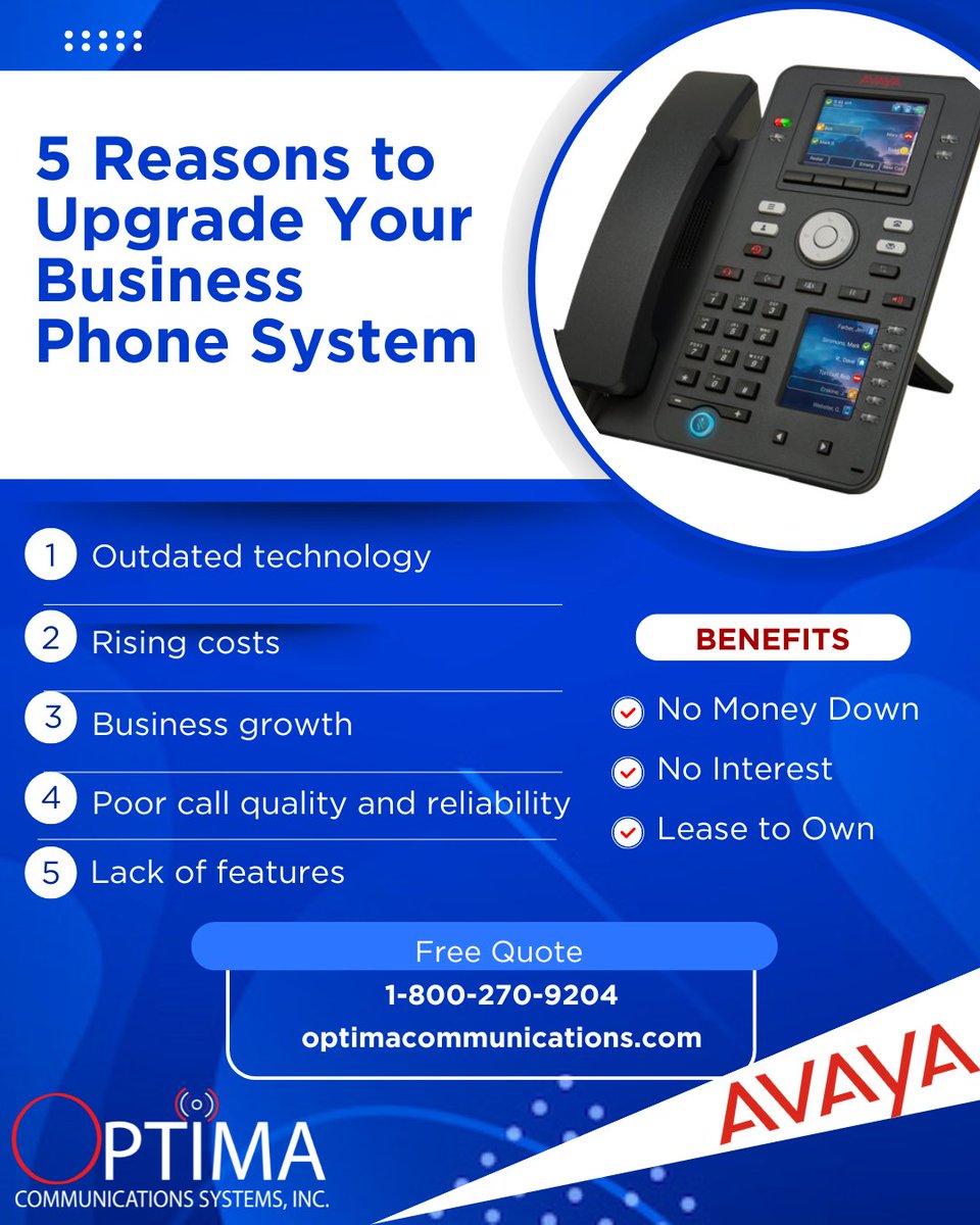 OptimaComm's tweet image. 5 Reasons to Upgrade Your Business Phone System. Call 800-270-9204 today to get a free quote or visit our website for more info.bit.ly/3zaugmr