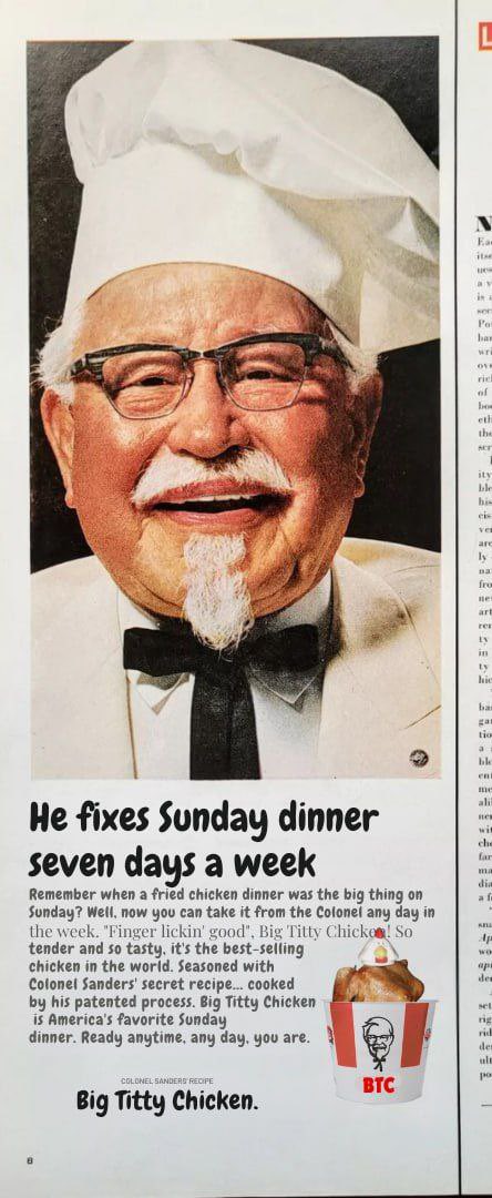 BigTittyChickn's tweet photo. Without Colonel Sanders Big Titty Chicken would have never existed. Colonel Sanders is a man of the people. Big Titty Chicken for everyone! $BTC #bigtittychicken https://t.co/p59GLEItim
