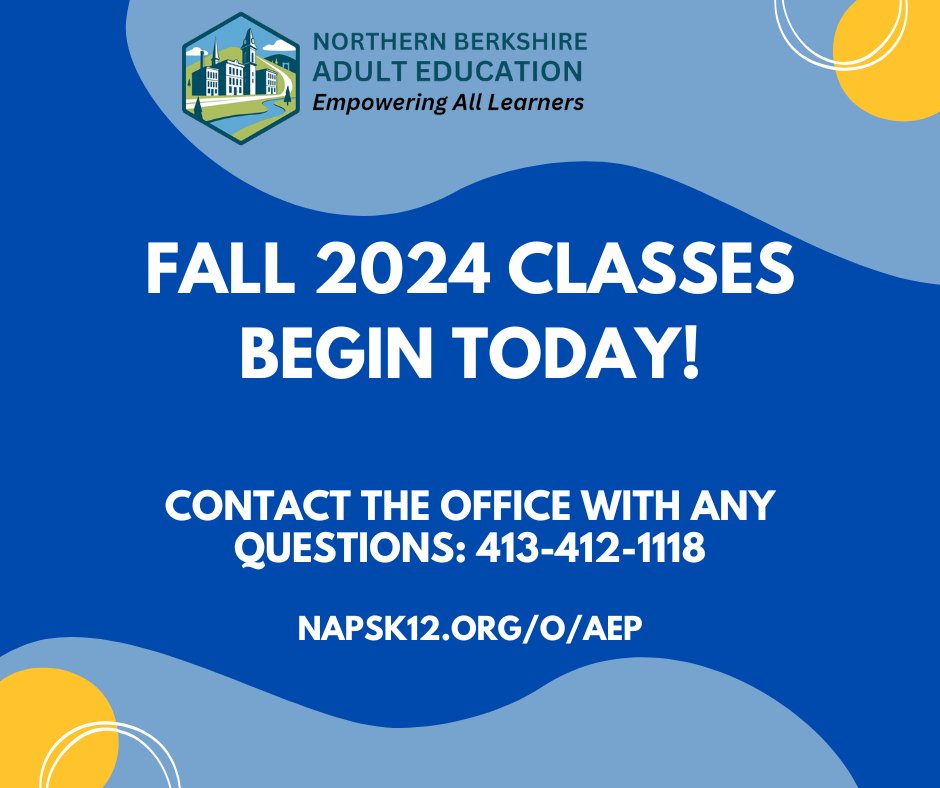 North Adams Public Schools (@napsk12) on Twitter photo Adult Education classes begin today! Contact the office at 413-412-1118 or apecor@napsk12.org with any questions, or to enroll in classes! Adult Education classes begin today! Contact the office at 413-412-1118 or apecor@napsk12.org with any questions, or to enroll in classes!