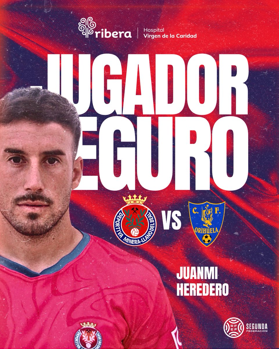 🛡️ @juanmimiju es el 𝐣𝐮𝐠𝐚𝐝𝐨𝐫 𝐬𝐞𝐠𝐮𝐫𝐨 𝐇𝐨𝐬𝐩𝐢𝐭𝐚𝐥 𝐑𝐢𝐛𝐞𝐫𝐚 𝐕𝐢𝐫𝐠𝐞𝐧 𝐝𝐞 𝐥𝐚 𝐂𝐚𝐫𝐢𝐝𝐚𝐝 del #DeportivaMineraOrihuela

 Una 🏍️ en ataque y un 🔒 en defensa. ¡Clave para sumar estos tres puntazos!

#CorazónMinero ⛏️ #AlmaDeGuerrero