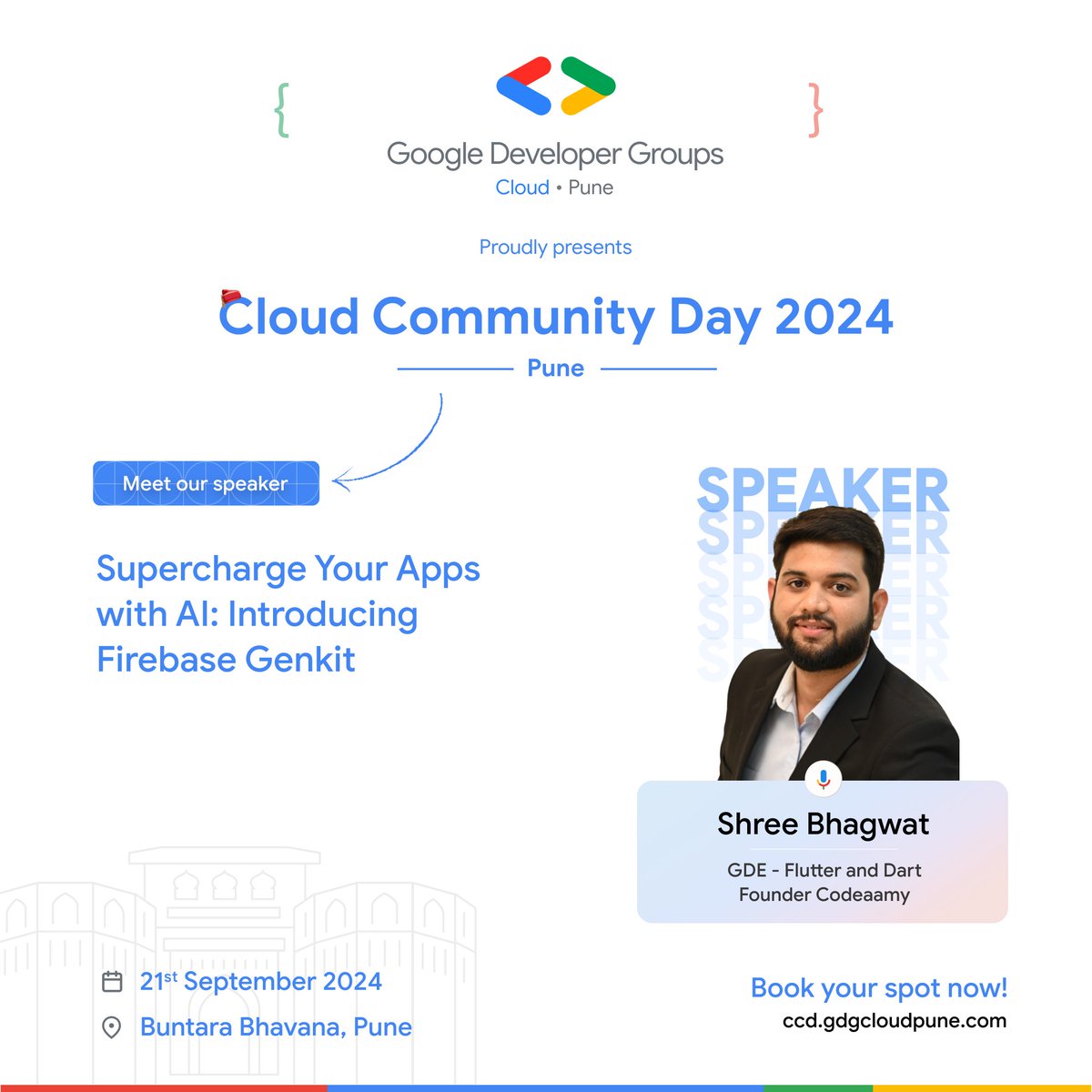 gdgcloudpune's tweet image. Calling Flutter devs &amp;amp; AI enthusiasts! #GCCDPune2024 welcomes Shree Bhagwat - Codeaamy Founder &amp;amp; a GDE! 

He&apos;ll show how to Supercharge Your Apps with AI: Introducing Firebase Genkit⚡

🗓️ Sep 21,2024
📍 Bhuntara Bhavan, Pune
🎟️ ccd.gdgcloudpune.com 

 #GDGCloudPune  #Flutter