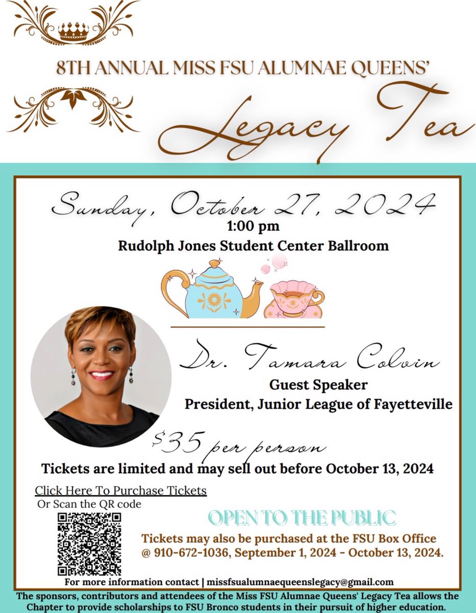 jlfaync's tweet photo. Please join us as we support our JLF President Dr. Tamara Colvin at the 8th Annual Miss FSU Alumnae Queens’ Legacy Tea on October 27, 2024 at 1:00pm. 
All proceeds will go to scholarships for Fayetteville State University students in their pursuit of higher education. https://t.co/27wUhz3ejf