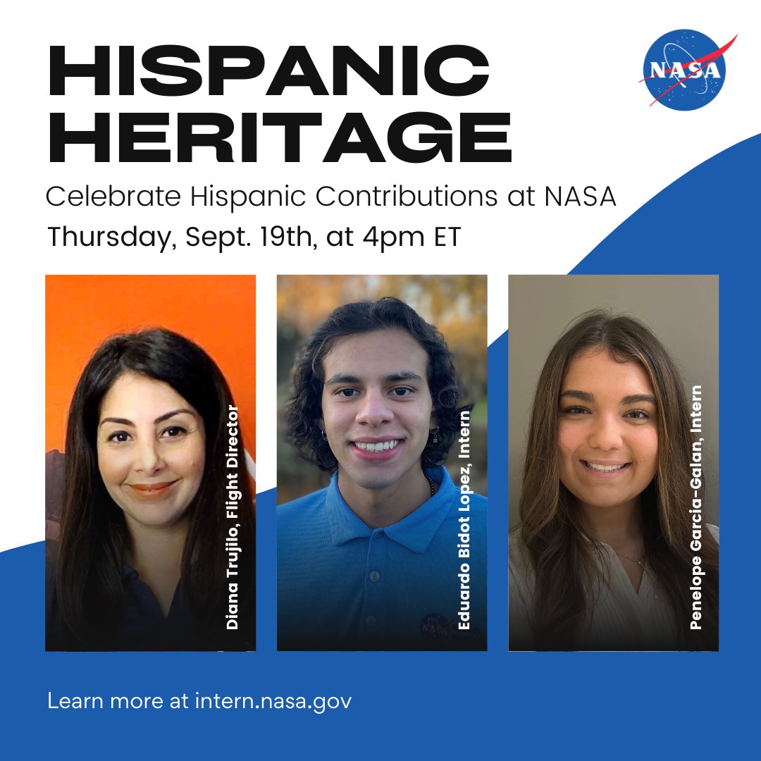 🙌 Celebrate #HispanicHeritageMonth with us on Sept. 19 at 4pm ET

👩‍🔬 Learn about Hispanic contributions to science
📚 <a href="/NASA/">NASA</a> Internships 101
🎓 Hear from current and former interns
🔍 Q&amp;A Session

Register: go.nasa.gov/4d0Teme