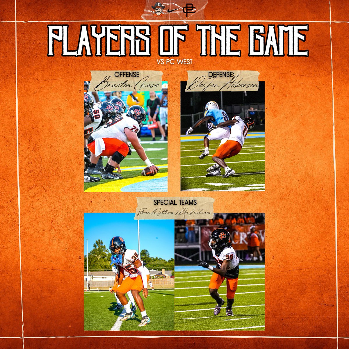 Players of the Game vs PC West! 
Offense: Braxton Chase
Defense: DeJon Ackerson
Special Teams: Steven Matthews &amp; Dom Williams 

. . . .

#PCHigh #PCPirates #PutnamCityHigh #Pirates #PCO #FINISH
