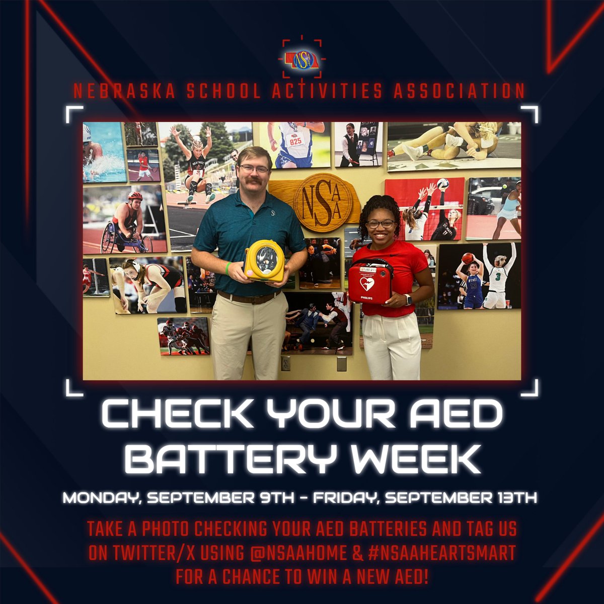 nsaahome's tweet photo. Join Jakub and Bre as we kick off NSAA Check Your AED Battery Week! Take a photo of your students and staff checking the AED batteries around your school and tag us on Twitter/X using @nsaahome &amp; #NSAAHeartSmart by Friday at Noon for a chance to win 1-of-12 new AED's! #nebpreps https://t.co/m8jx4v2Fpk