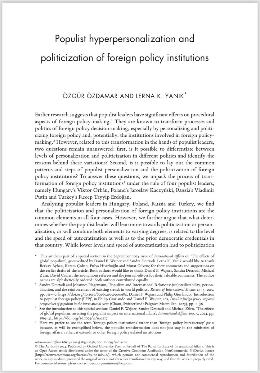 OzgurOzdamar's tweet image. Our article w/Lerna Yanık titled “Populist Hyperpersonalization and Politization of Foreign Policy Institutions” just got published at International Affairs @IAJournal_CH . Free access: academic.oup.com/ia/article/100…