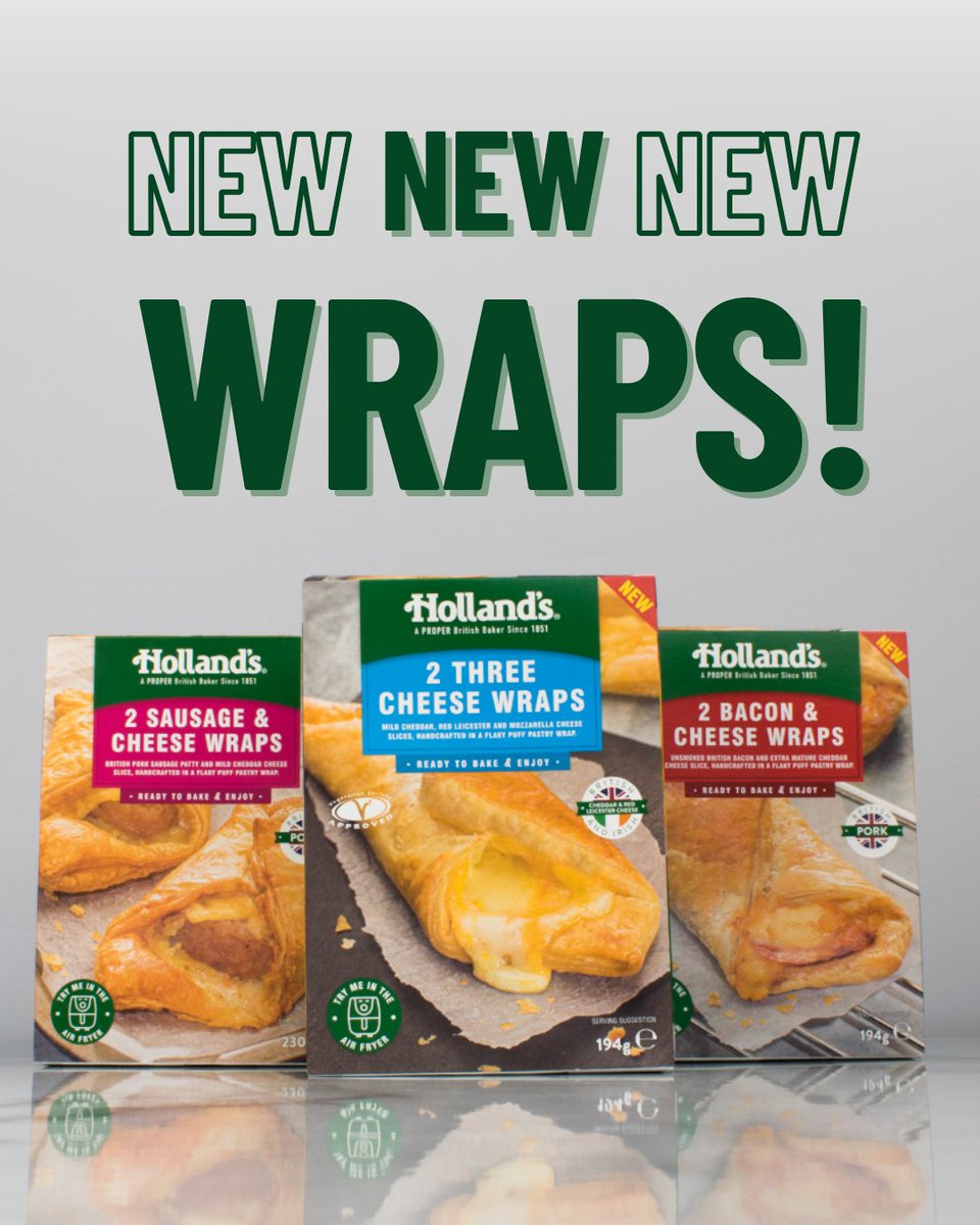 Get ready to unwrap something special! 🧀🥓 

Say hello to our new Bacon &amp; Cheese, Sausage &amp; Cheese, and Three Cheese Wraps! Wrapped in warm, flaky goodness, and air-fryer friendly for effortless baking. Your new lunchtime fave is here... 

#NewWrapAlert 🌯🔥  #Wraps #NewFoodsUK