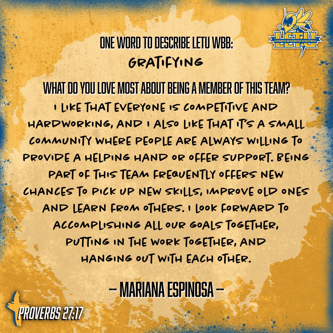 Next up in our 2024-2025 Roster Round-Up: Mariana Espinosa

Mari’s amiable nature brings positivity and connection to the team! Her approachable spirit and dedication help create the supportive environment that defines YellowJackets Basketball! 

#LeTourneauBuilt