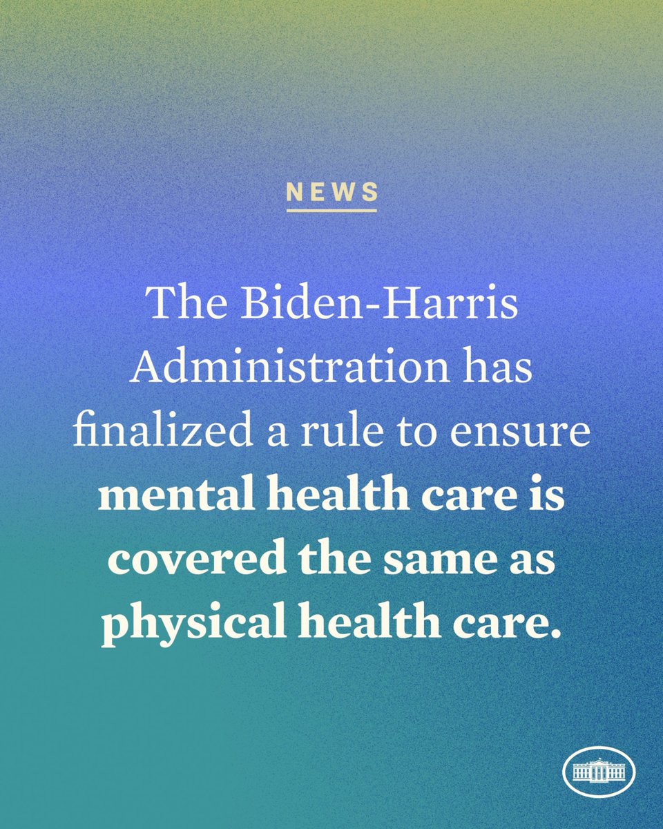 Mental health care is health care – period.

Our Administration has finalized a historic rule to ensure that mental health coverage for millions of Americans is covered the same as physical health care coverage.