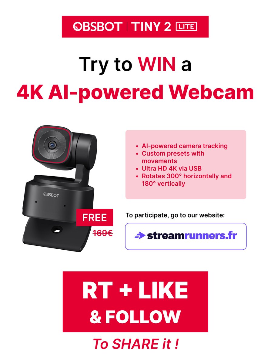 StreamRunners's tweet image. 🚨 GIVEAWAY

🍀 Try to WIN the Cam Tiny 2 Lite (worth €169)!

🔄 RT 
❤️ LIKE 
👤 FOLLOW @OBSBOT_Official @StreamRunnersFR
to share and stay tuned!

⬇️ Join now on our website ⬇️
url.streamrunners.fr/j79Qt2U

📅 Prize draw on 23/09 at 06:00 AM