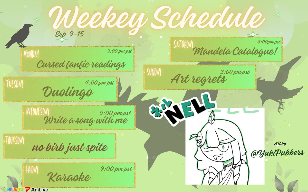 NellTheRaccrow's tweet photo. New Schedule!! Wheeeeee 
Links:
Reg tag #Nellsbirdbrains
Art! #NellsTreasures
Throne: https://t.co/RjA78y6Q9V
SE: https://t.co/4oEmIdAcVj https://t.co/NETS98uERI