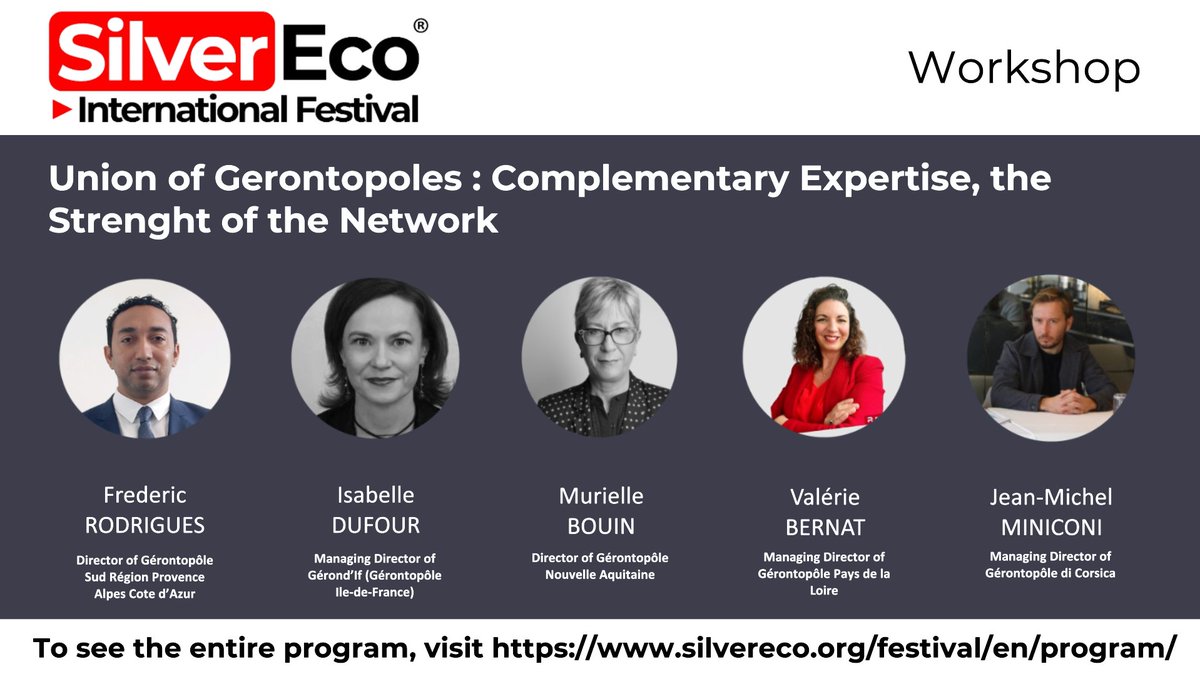 “Union of Gerontopoles : Complementary Expertise, the Strenght of the Network” :  with #gérondif, #GérontopôledesPaysdelaLoire , #GérontopôleNouvelleAquitaine , #GérontopôleSud and #GérontopôlediCorsica at the #SilverEco Festival !
Get your B2B pass :
silvereco.org/pass/subscribe…