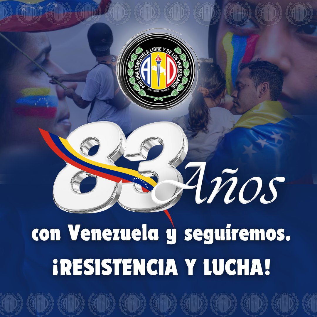 Inicia semana aniversaria de nuestro partido Acción Democrática, el mismo que desde hace 83 años dio una lucha férrea y de resistencia por la libertad de Venezuela. Hoy con igual y firme convicción AD reafirma su compromiso con la democracia y progreso del país.

#83AñosADConVzla
