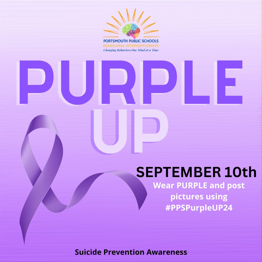 Mar_AdamsPPS's tweet image. We’re off to a great start at Portsmouth Public Schools! 💜
The Behavior Support Team encourages all @PortsVASchools students & faculty to join us in wearing purple tomorrow, September 10, 2024 in honor of Suicide Prevention Awareness Month!
#suicideprevention #PPSPurpleUp24