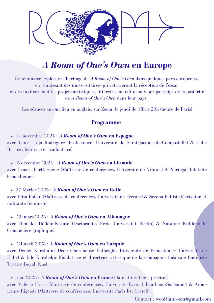 Nous avons le plaisir d'annoncer le programme de notre deuxième cycle de séminaires (en ligne) : « A Room of One’s Own in Europe » qui explorera la réception &amp; l'héritage culturel de l'essai dans six pays européens - Save the dates ! + d'infos : room.hypotheses.org/programme-2024