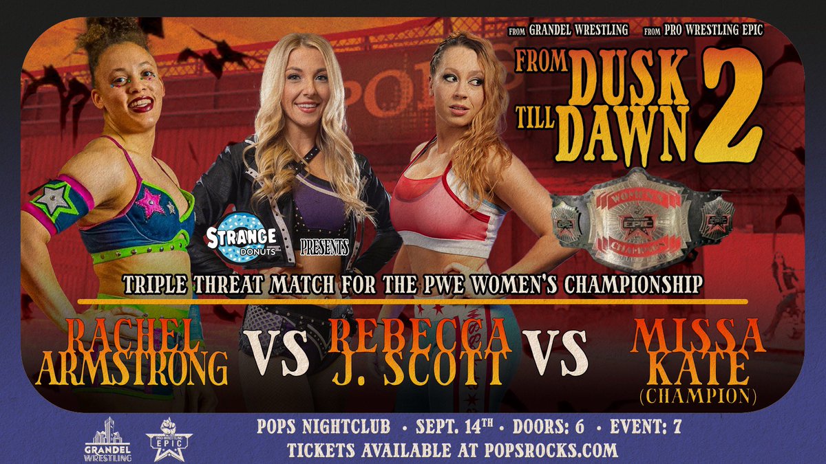 Grandel Wrestling (@grandelwrestle) on Twitter photo We would like to extend our heartfelt thanks to <a href="/strangedonuts/">Strange Donuts</a> for sponsoring the Triple Threat Match for the <a href="/PWEpic/">Pro Wrestling Epic</a> Women’s Championship at *From Dusk Till Dawn 2*. Be sure to visit one of their main locations and experience their wide selection of delicious donuts." We would like to extend our heartfelt thanks to <a href="/strangedonuts/">Strange Donuts</a> for sponsoring the Triple Threat Match for the <a href="/PWEpic/">Pro Wrestling Epic</a> Women’s Championship at *From Dusk Till Dawn 2*. Be sure to visit one of their main locations and experience their wide selection of delicious donuts."