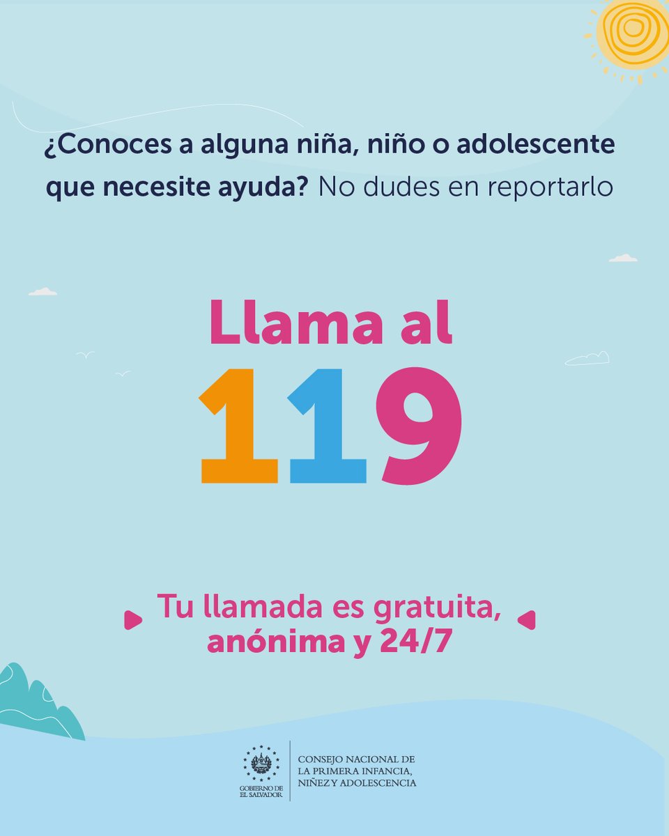 CONAPINA_sv's tweet photo. Cuando una niña, niño o adolescente esté en peligro, no dudes en reportarlo.

📞 Llama a nuestra Línea de Atención 119. https://t.co/KlkvHzFwH4