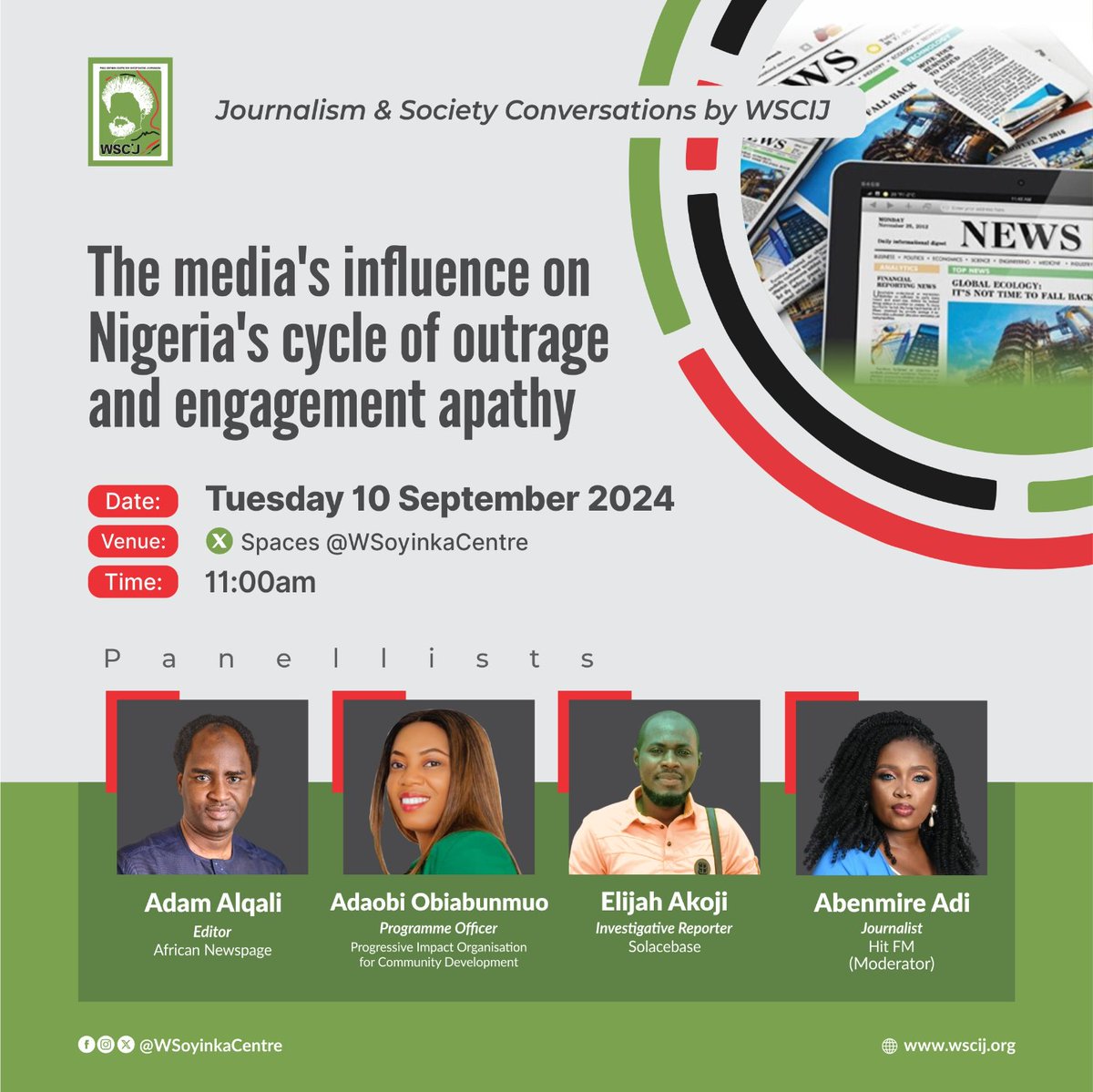 WSoyinkaCentre's tweet photo. Join us tomorrow, Tuesday, 10 September, at 11:00am WAT, to discuss the need for the media to follow up on stories and not just move with the trends. Our panellists will share strategies to keep the spotlight on issues until real change happens.

Click https://t.co/o5qySMAkJj. https://t.co/tsQY0CPLOS