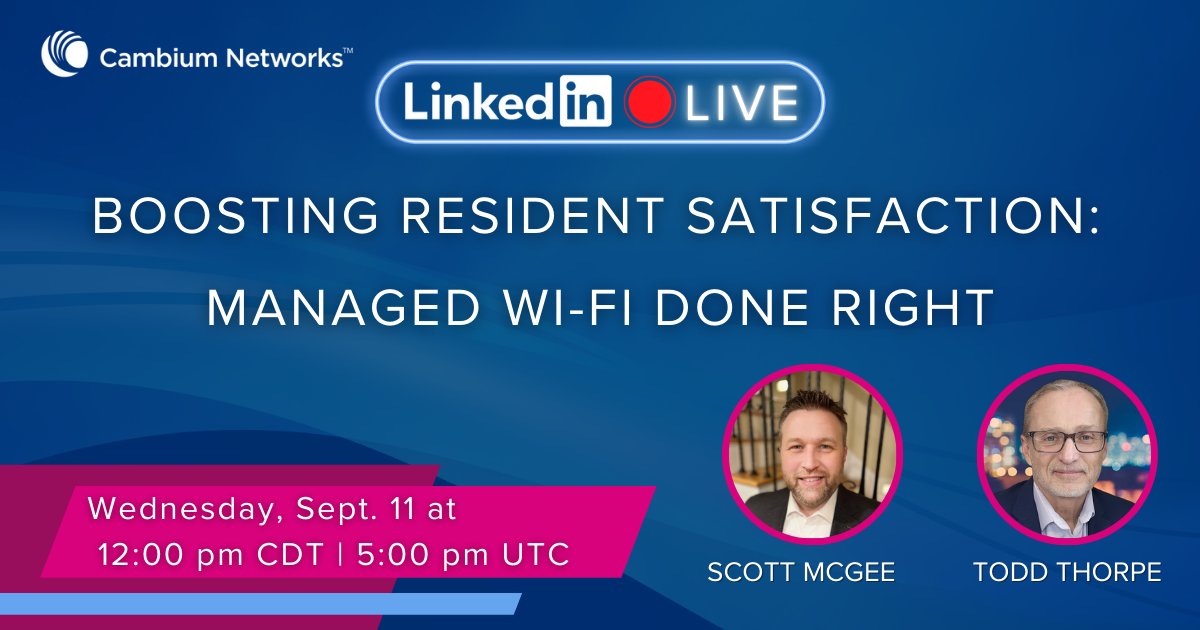 CambiumNetworks's tweet image. With the increasing need for reliable, high-performance connectivity, discover the strategies that can improve your property’s network and tenant experiences.
📅 Wednesday, September 11
🕒 12:00 pm CDT

👉 bit.ly/4e2Bnwg

#MultifamilyHousing #StudentHousing #ManagedWiFi