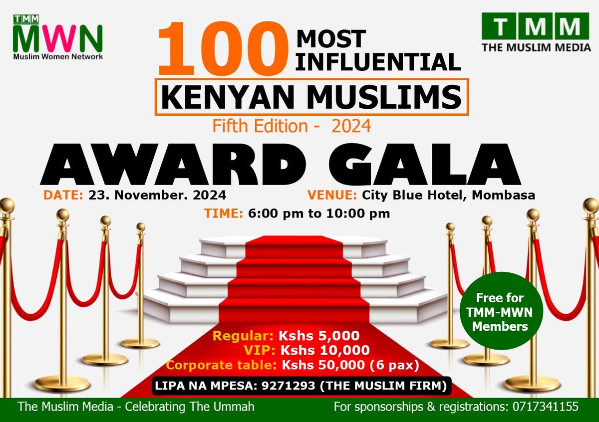 We are pleased to announce that this year's 100 Most Influential Muslims in Kenya Award Gala will take place on 23rd November, 2024 at City Blue Creekside Hotel, Mombasa from 6:00 pm in shaa Allah. 

Stay tuned!