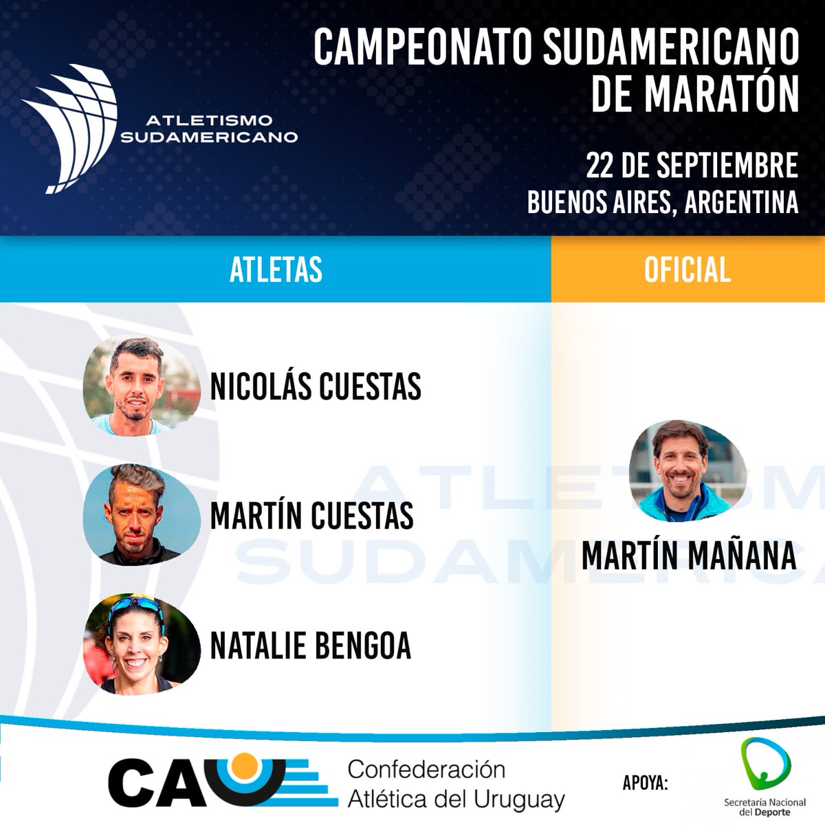 AtletismoCAU's tweet photo. Felicitaciones y éxitos a la delegación que nos representará en el Sudamericano de Maratón a disputarse en Buenos Aires el próximo 22 de septiembre.

#atletismoCAU https://t.co/FO8qVnkWKm