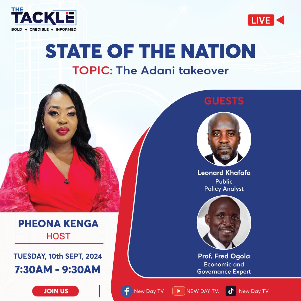 New Day TV (@thetackleke) on Twitter photo Much has been said with regards to the Adani takeover at JKIA,Despite the strong opposition from the general public as well as KAWU the government is keen to proceed.
Tomorrow we unpack the good ,the bad and the ugly of the takeover with <a href="/leonardkhafafa/">Leonard Khafafa</a> <a href="/OgolaFogola/">Prof. Fred Ogola- THE PRESIDENT OUT OF OFFICE</a> . Much has been said with regards to the Adani takeover at JKIA,Despite the strong opposition from the general public as well as KAWU the government is keen to proceed.
Tomorrow we unpack the good ,the bad and the ugly of the takeover with <a href="/leonardkhafafa/">Leonard Khafafa</a> <a href="/OgolaFogola/">Prof. Fred Ogola- THE PRESIDENT OUT OF OFFICE</a> .