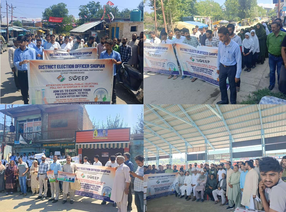 In a series of events aimed at promoting voter awareness under #SVEEP,multifarious activities including rallies,speeches, discussions etc were organized at different locations in Shopian.
<a href="/ECISVEEP/">Election Commission of India</a>
<a href="/ceo_UTJK/">CEO UT OF J&K</a> 
<a href="/dmshopian/">District Shopian Official</a> 
<a href="/diprjk/">Information & PR, J&K</a> 
<a href="/mssd1978/">Shahid Saleem</a> 
<a href="/ddnewsSrinagar/">DD NEWS SRINAGAR</a>