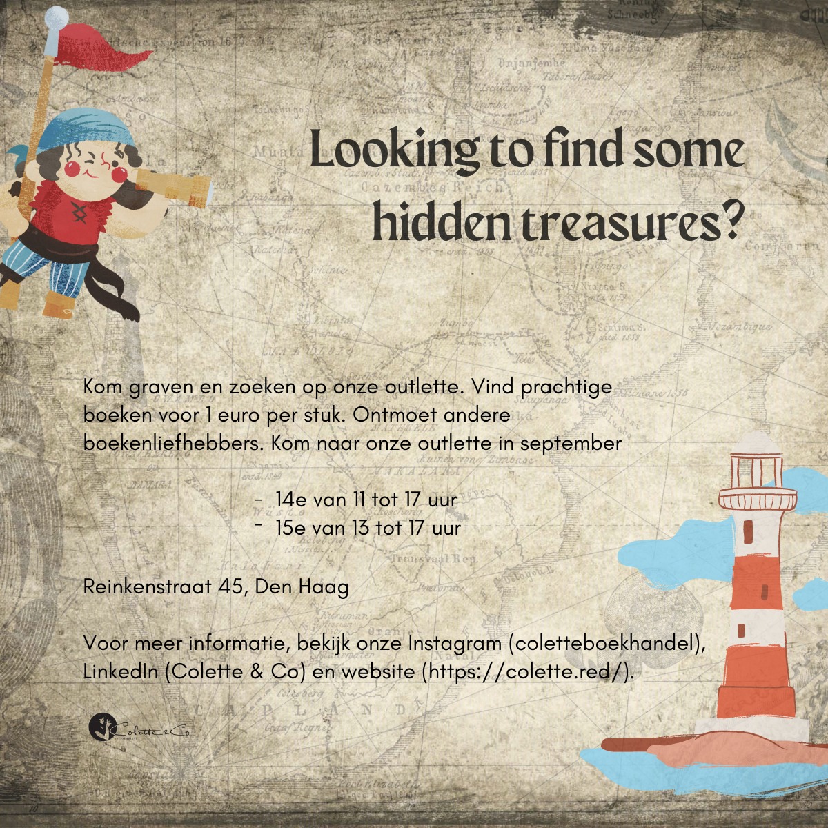 Komend weekend: Colette Outlette!
Kom schatgraven in onze tuin. 1 boek = 1 euro.
