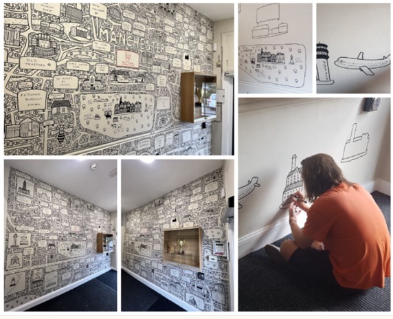 RackHousePS's tweet photo. The incredible mural by @DaveDraws_ has been unveiled in our reception area! We’re sure many of you have already had the chance to admire this artwork, but for those who haven’t, here are a few pictures. We are grateful for the opportunity to work with such an inspiring artist! https://t.co/JqSDQTFG73