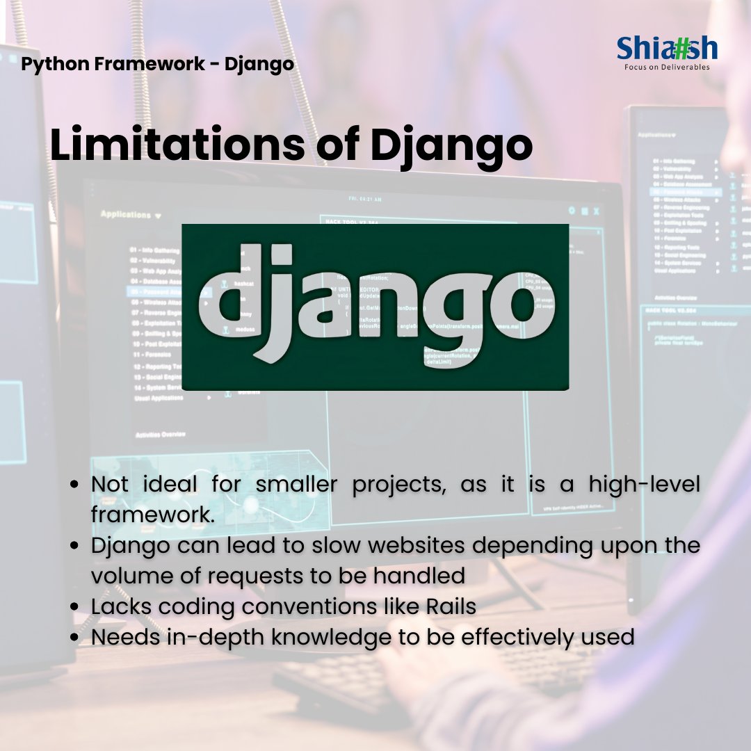 ShiashInfo's tweet image. Limitations of Django

#shiashinfosolutions #pythonprogramming #pythonframeworks #pythonlearning #webdevelopment #Django #opensource #LimitationsofDjango #limitations