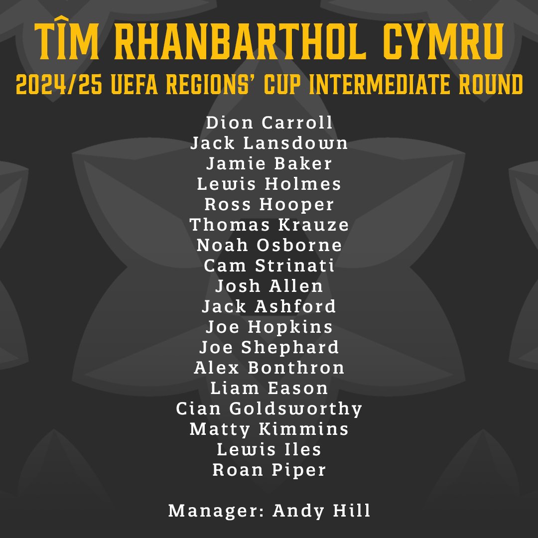 CymruLeagues's tweet photo. 🏴󠁧󠁢󠁷󠁬󠁳󠁿 Andy Hill has confirmed his Tîm Rhanbarthol Cymru squad for the intermediate round of the 2024/25 UEFA Regions’ Cup.

The team will play three matches between 13-19 September in Serbia 📅