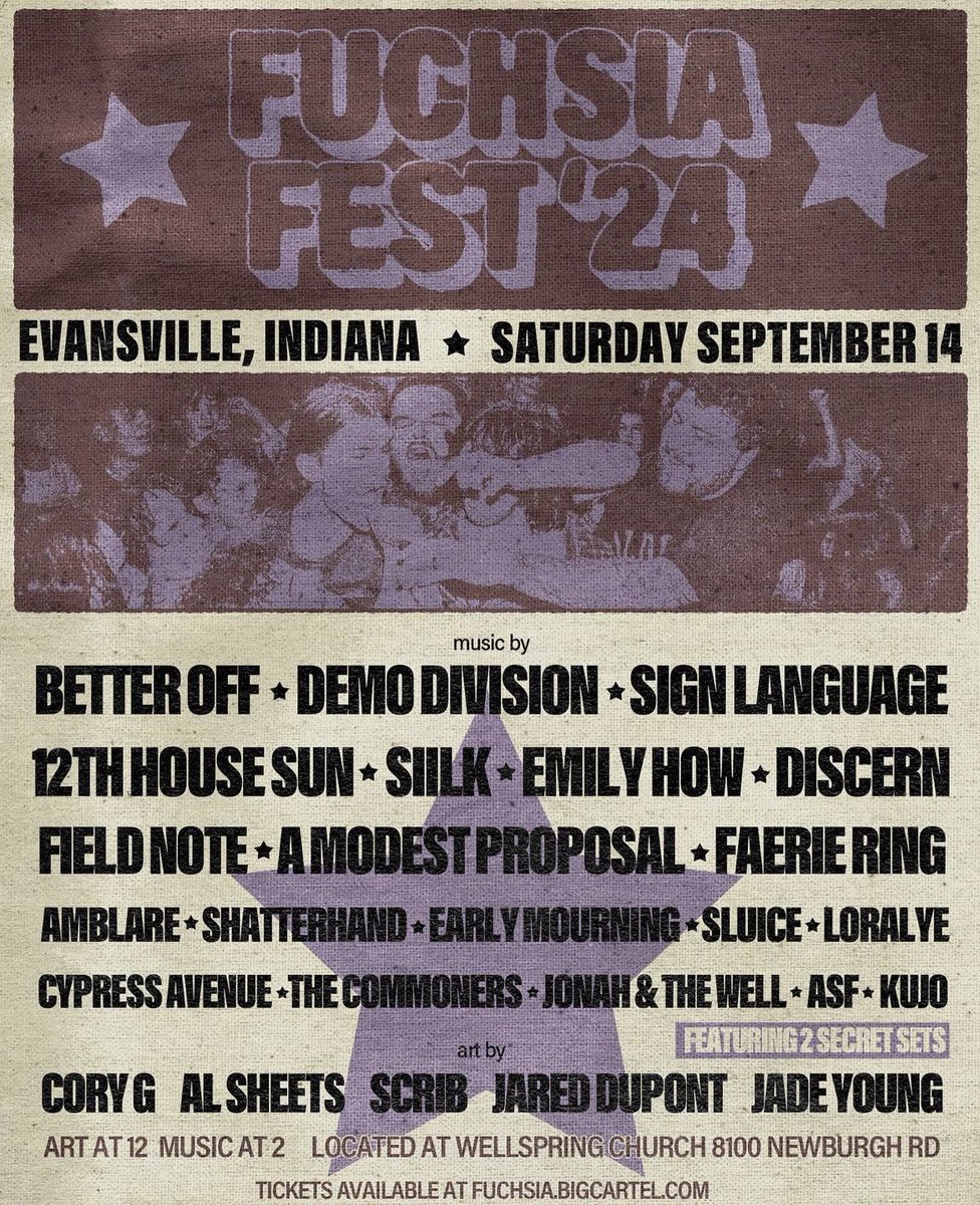 Fuchsia Fest ‘24 is this Saturday in Evansville, IN

Follow fushciacollective on IG for more info- we play later in the day